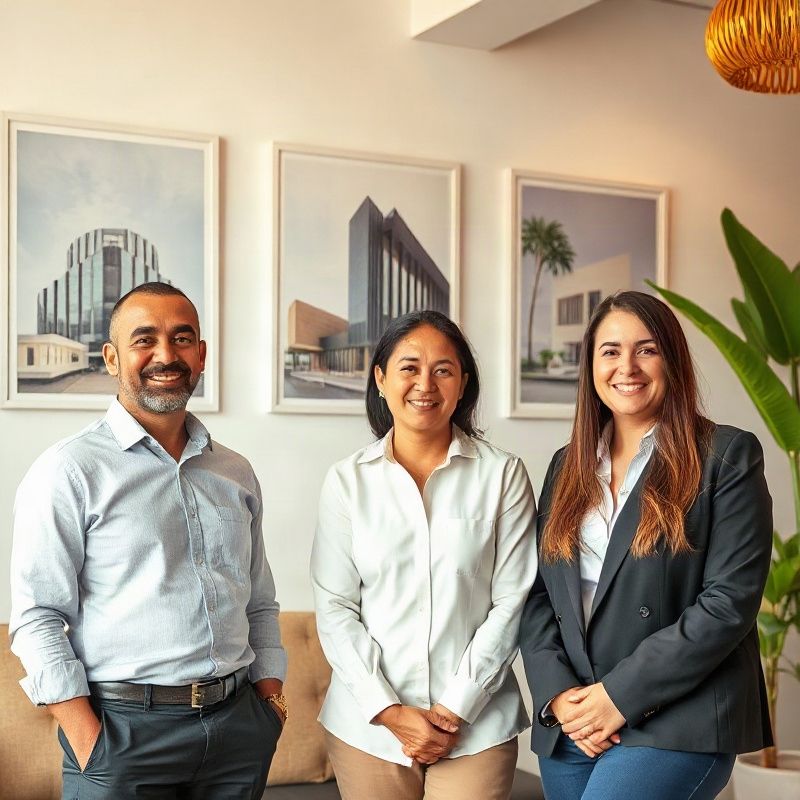 Small Deltaknova team in a bright Brasília office with modernist architectural prints