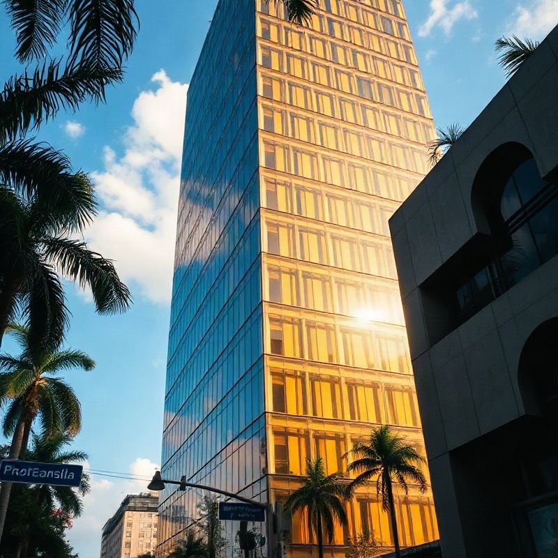 Street-level view of a contemporary commercial tower in Asa Sul, Brasília