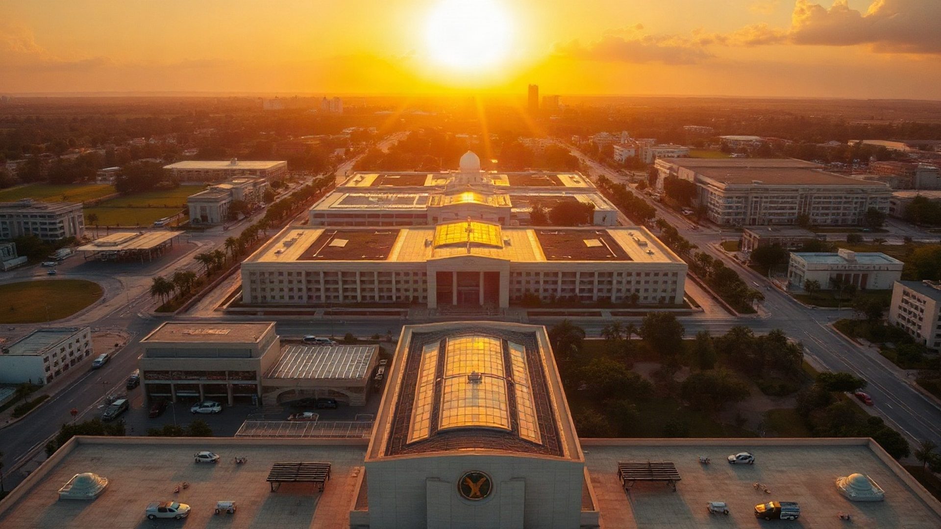 Aerial view of Brasília's modernist urban grid at golden hour