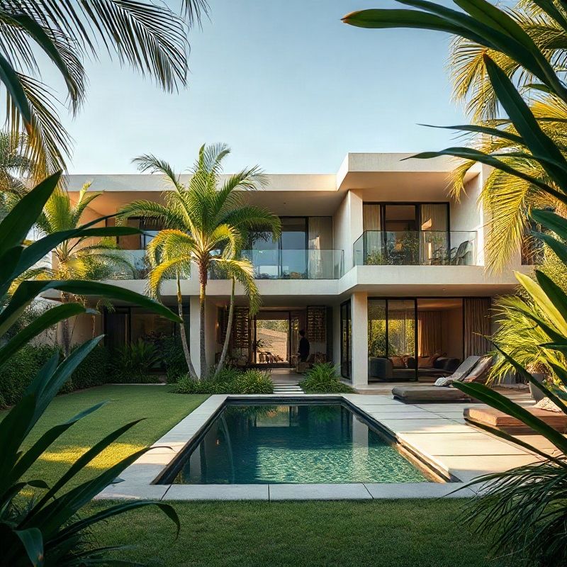 Upscale residential villa exterior in Lago Norte, framed by a lush tropical garden