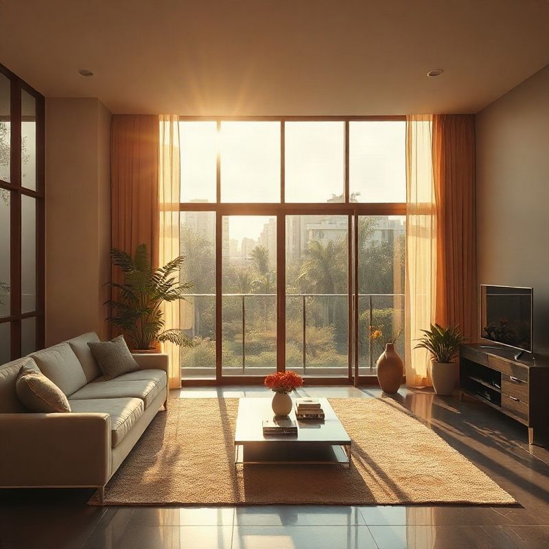 Sunlit living room of a well-appointed Brasília apartment with floor-to-ceiling windows